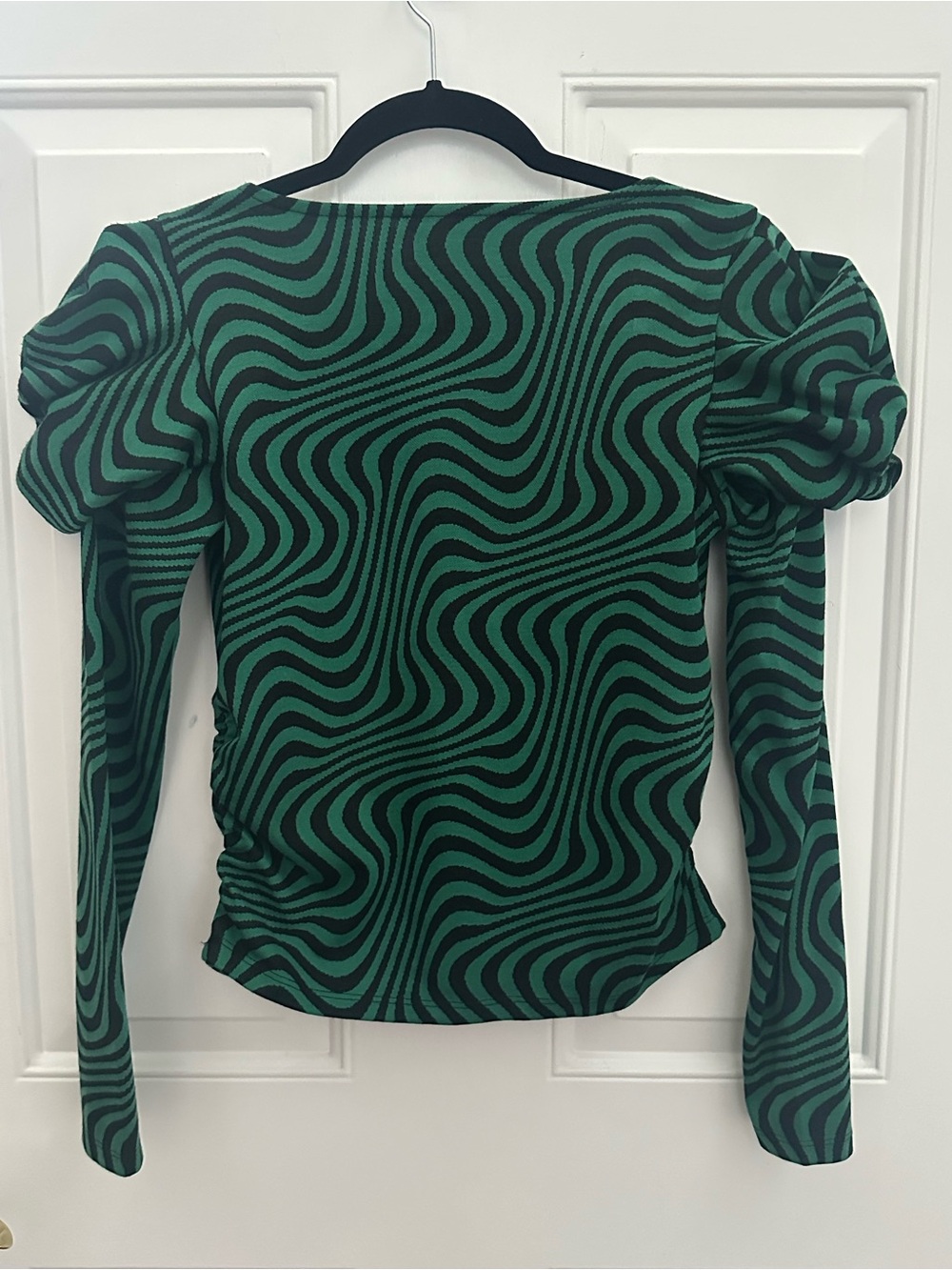 Zara Green and Black Wave-Print Puff-Sleeve Top size S - Picture 8 of 11